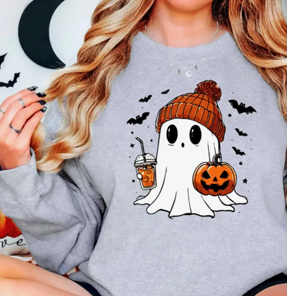 Halloween Ghost with Drink and pumpkin. Unisex Crewneck Sweatshirt - Vinyl Graphic