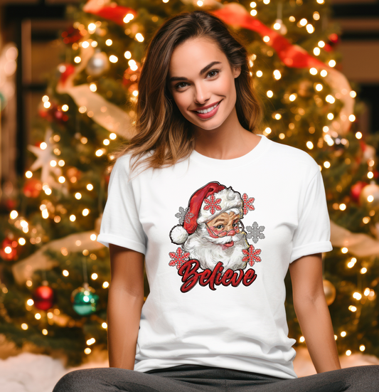 "Believe" Santa Unisex White Cotton T-Shirt - Vinyl Graphic