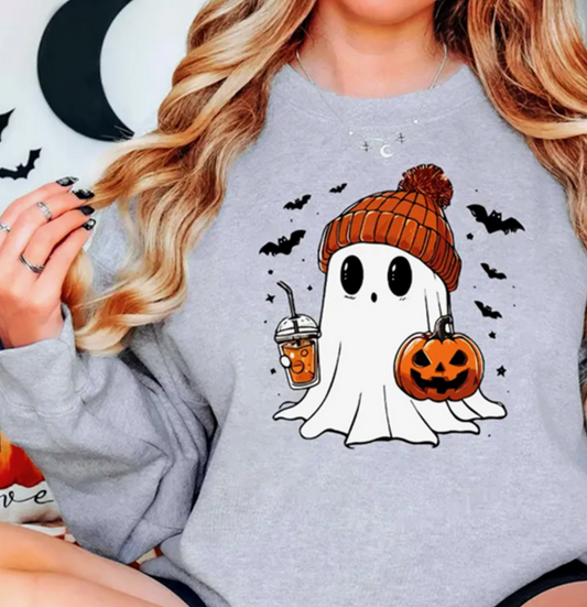 Halloween Ghost with Drink and pumpkin.  Unisex Crewneck Sweatshirt - Vinyl Graphic