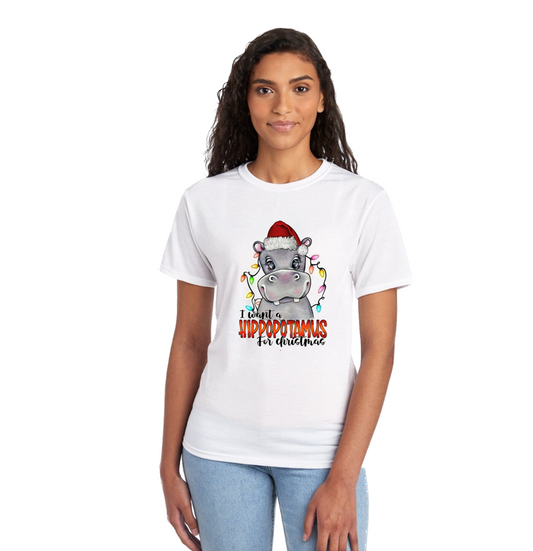 "I Want a Hippopotamus for Christmas" Unisex Cotton T-Shirt - Vinyl Graphic