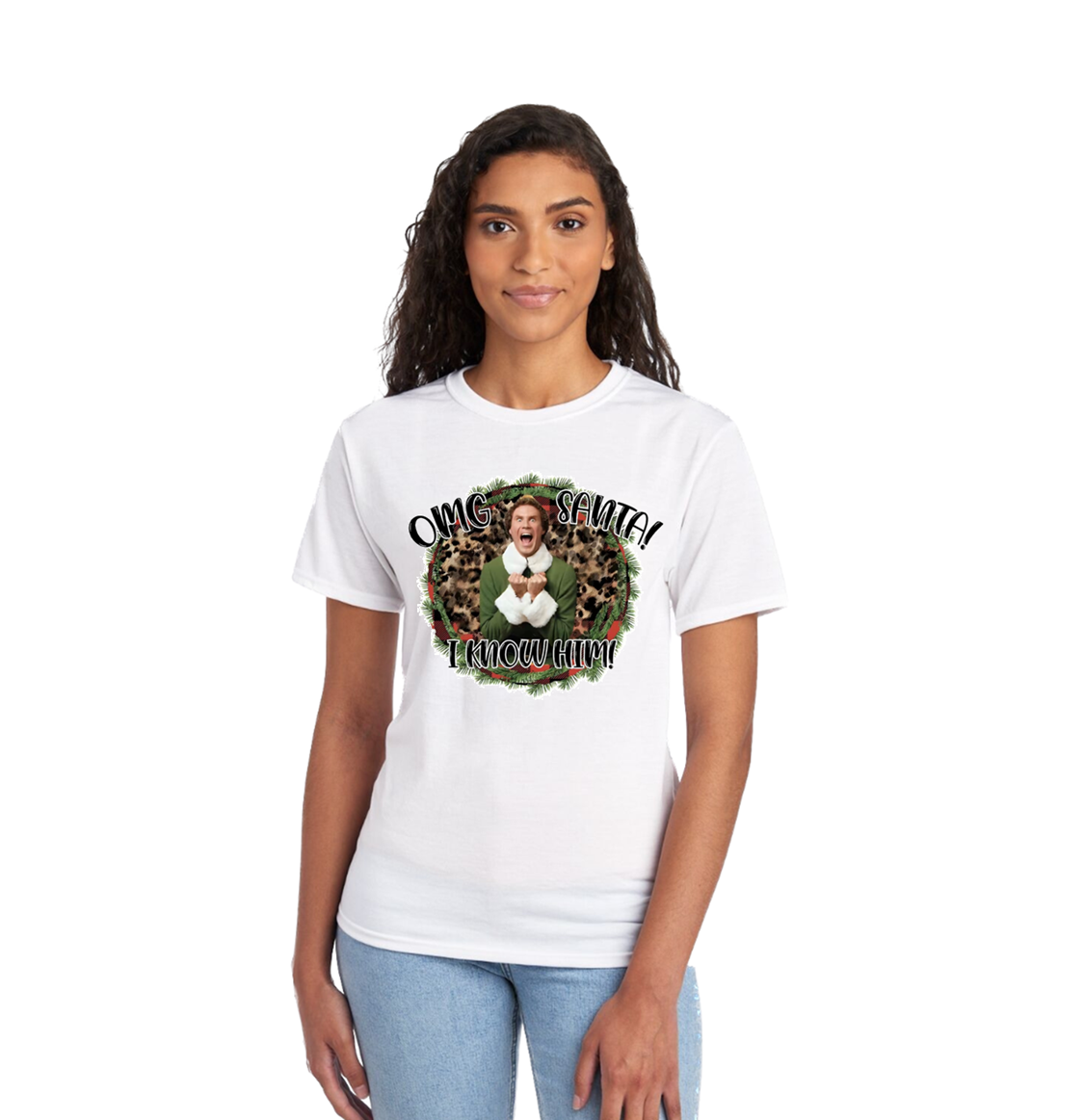 "OMG Santa!  I Know Him!"  Unisex White Cotton T-Shirt - Vinyl Graphic