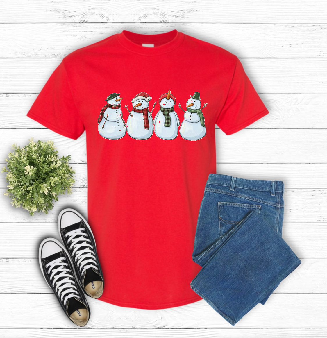 "Group of Snowman" Graphic Unisex Red Cotton T-Shirt - Vinyl Graphic